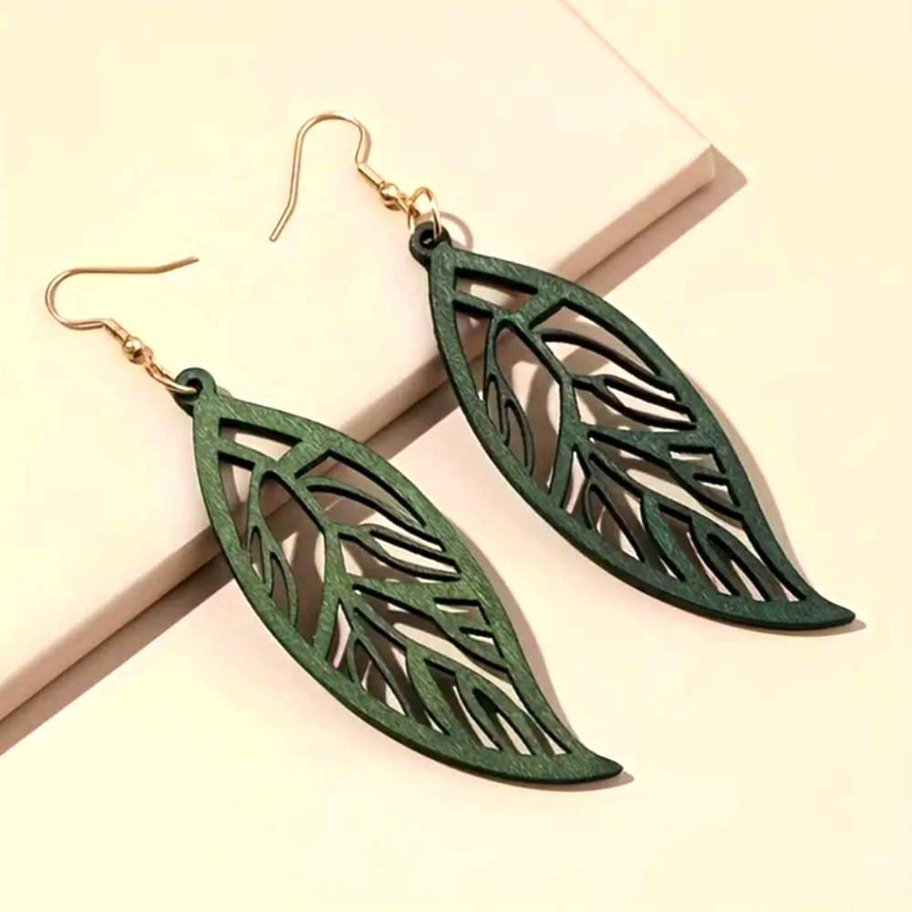 Carved Wood Dangle Earrings / Boho Leaf Earrings / Lightweight Earrings